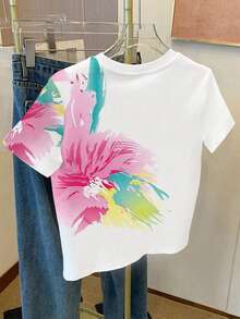 女童短款多巴胺印花T恤，适合外出、街头、春、夏、秋季穿着，也适合女孩度假休闲。白色修身短款舒适T恤，居家日常穿着皆宜。 - 彩色 - 查看 3