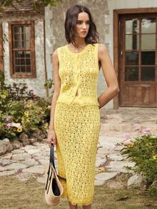Gaivellea Women's Vacation Casual Solid Color Hollow-Out Knit Vest & Mini Skirt 2 Pieces Set - Yellow - View 6
