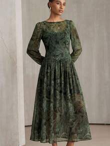 Aveloria Modichic Minimalist Chiffon Polka Dot Retro Lightweight Long Sleeve Dress (Random) - Green - View 7