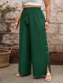 SHEIN Pantalones anchos de pierna ancha con cintura con cordón y dobladillo dividido, versátiles y casuales para uso diario, talla grande para mujeres - Verde - Ver 4