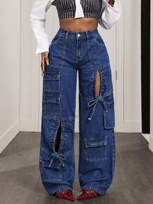 Slaydiva 女士实用口袋抽绳宽松阔腿牛仔裤 - 藍色 - 查看 4