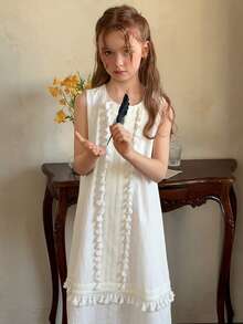 DAZY Girls' Korean Style Fringe Patchwork V-Neck Casual Dress, Fall - White - View 4
