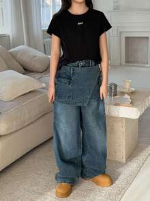 DAZY Tween Girls' Wide Leg Loose Casual Denim Jeans - Medium Wash - View 3