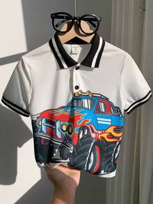 SHEIN 男童休闲舒适卡通印花撞色袖 Polo 衫 - 白色 - 查看 3