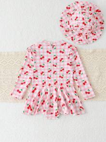女婴樱桃格子图案圆领长袖泳衣和帽子套装 - 彩色 - 查看 2