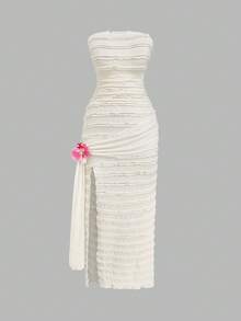 SHEIN PETITE CURVE Sukienka z rozcięciem na klatce piersiowej i wiązaniem, zdobiona kwiatami, z rozcięciem w talii, modna i elegancka na letnie wakacje na plaży - Morela - Zobacz 1