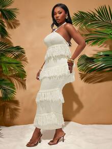 Radiana Plus Size Women's Spring/Summer Sexy Fashion Elegant Vacation Halter Fringe Asymmetric Design Bodycon Knit Dress, Suitable For Everyday Wear, BOHO, Bohemian, Outing, Resort, Beach Vacation, Holiday, Seaside, Western Wear, Music Festival, Concert, Carnival Party, Richly Layered, Date Night, Ibiza, Nashville, Break, Modest, Chic, Club, Cute, Casual, Shopping, Streetwear, Going Out, Easy To Match & Looks Slim, Accent Your Body, Flatter The Figure - Apricot - View 6