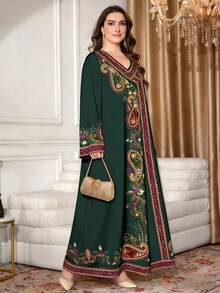 SHEIN Najma 加大码腰果花几何刺绣印花深绿色连衣裙，女士时尚V领长袖长款连衣裙，优雅阿拉伯风格服装，春夏款 - 彩色 - 查看 3