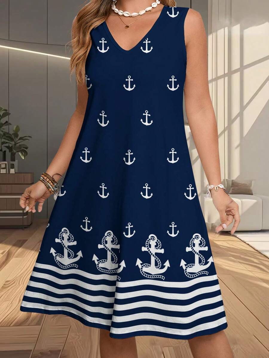 EMERY ROSE 大码女式无袖锚图案印花连衣裙，V领优雅几何图案吊带裙，沙滩或度假风连衣裙，夏季休闲蓝白连衣裙 - 彩色 - 查看 1