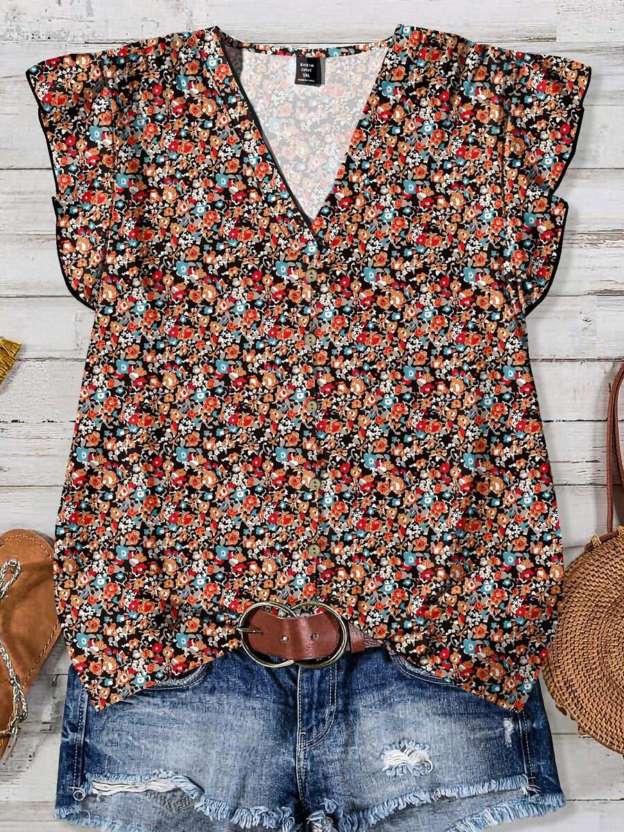 EMERY ROSE 休闲简约度假波西米亚风优雅浪漫复古碎花图案女式V领纽扣泡泡袖大码衬衫 - 彩色 - 查看 1