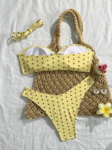 Swim Mod 女士夏季黑白波点印花紧身性感沙滩两件式比基尼泳衣波点泳衣黄色两件式泳衣抹胸比基尼波点比基尼黄色两件式比基尼套装 - 黃色 - 查看 2
