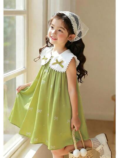 SHEIN Vintaside Kids 女童绿色蝴蝶结印花白色领蝴蝶装饰休闲连衣裙