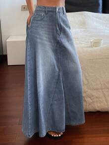 DAZY Chân váy denim dáng chữ A rộng rãi, họa tiết chắp vá, phong cách cao bồi miền Tây, kiểu dáng thường ngày, thích hợp cho kỳ nghỉ hè của nữ, phù hợp với xu hướng Y2K. - Màu xanh lam - Xem 5