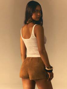 女士纯色流苏设计休闲百搭短裤 - 棕色 - 查看 2