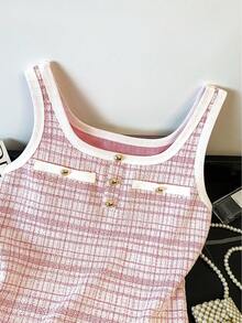 Resyla 女士休闲撞色滚边纽扣衬衫，日常百搭 - 粉色 - 查看 7