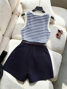 Franclia Women's Summer Elegant 2-Piece Set,Navy Blue Striped Sleeveless Knitted Tank Top & Pleated A-Line Shorts Outfit,Vacation Holiday Beach Casual Set - Blue - View 2