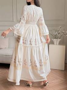 DAZY Women's Vacation Plant Pattern Contrast Lace Flare Sleeve Elegant Dress - Beige - View 6