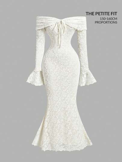 SHEIN MOD Petite 女士露肩长袖前系带修身连衣裙，新年连衣裙，新年派对连衣裙，情人节连衣裙