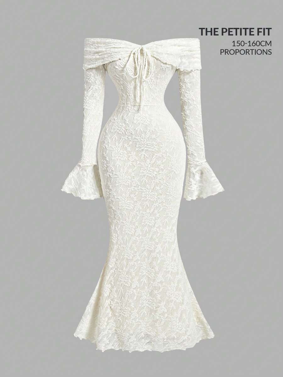 SHEIN MOD Petite Women Off Shoulder Long Sleeve Front Tie Bodycon Dress,New Years Dress Women,New Year Party Dress,Valentine Day - Beige - View 1