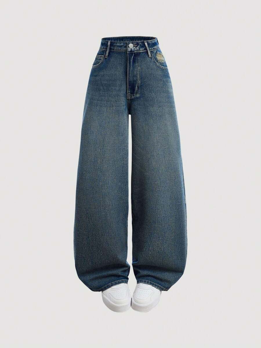 SHEIN Girlism Jeans de cintura baja con piernas anchas, lavados y rotos, con bolsillos, en estilo retro Y2K para adolescentes, ropa de otoño para volver al colegio, streetwear para Halloween - Azul lavado oscuro - Ver 1