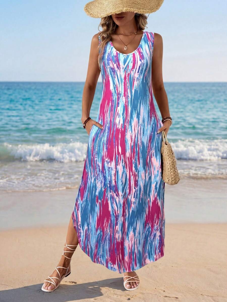 Sylviya Đầm suông cổ tròn in họa tiết nhuộm loang dành cho nữ - Nhiều màu - Xem 1