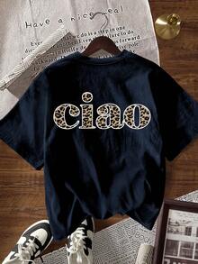 Glissea 女士豹纹字母图案休闲百搭日常短袖T恤 - 藏蓝色 - 查看 6