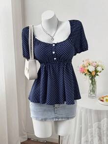 SHEIN CURVE+ Plus Size Women's Comfortable Square Neck Polka Dot Print Short Sleeve Blouse - Navy Blue - View 6