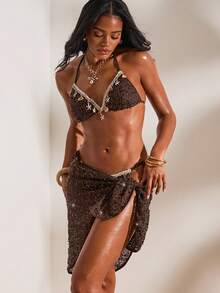 Opulessa Women's Vacation Beach Sequin Cover-Up & Skirt Set - Grey - View 3