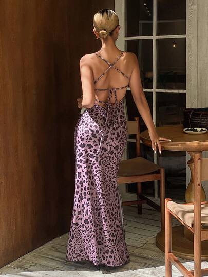 DAZY Charming Leopard Print Draped Neck Tie-Back Maxi Slip Dress For Women