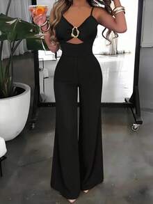 INAWLY Bộ jumpsuit hai dây ôm sát gợi cảm với khóa kim loại phía trước, quần ống rộng thắt eo, thích hợp cho kỳ nghỉ và du lịch. - màu đen - Xem 3
