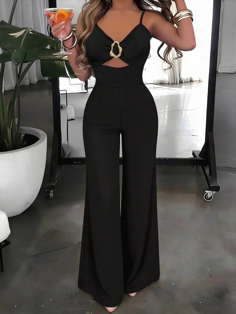 INAWLY 性感修身褶裥金属扣吊带连体裤，束腰阔腿裤，适合假日旅行 - 黑色 - 查看 1