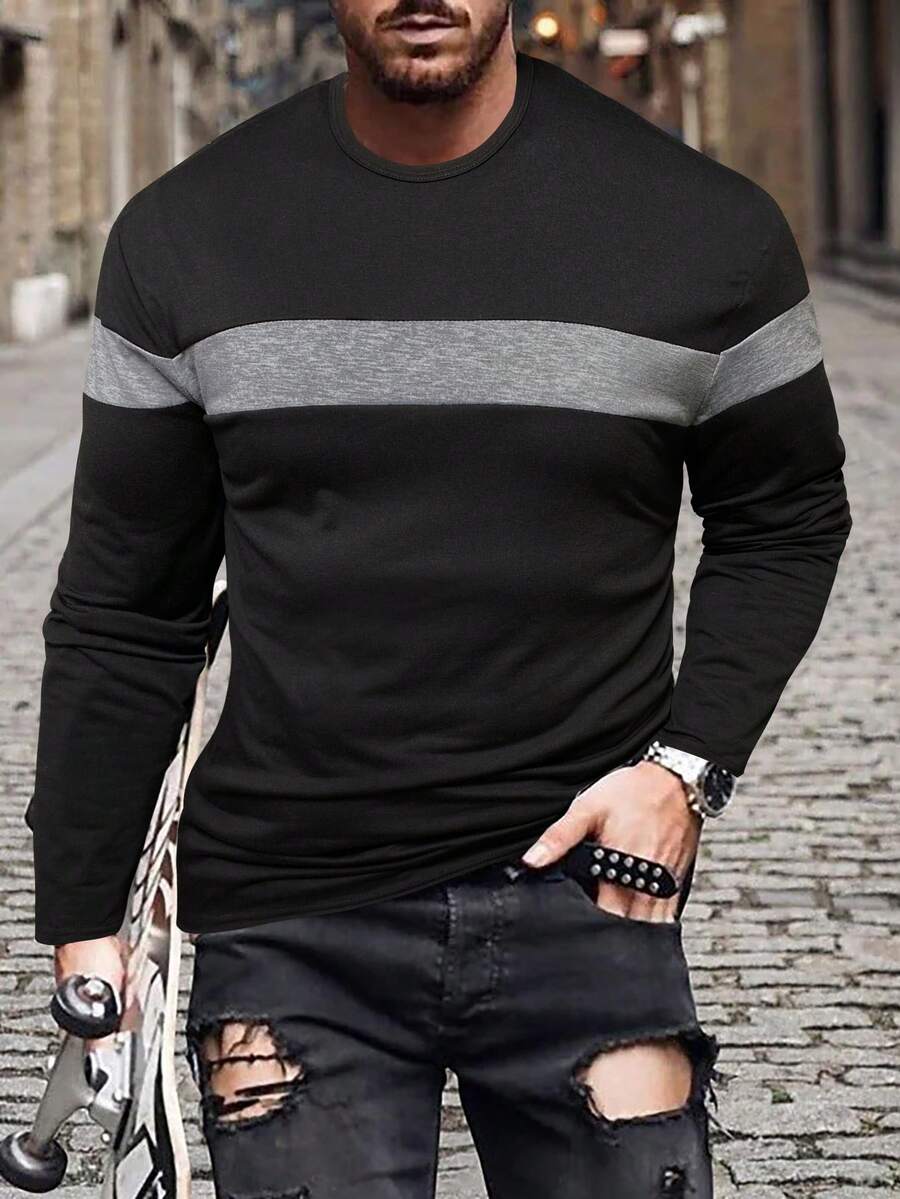 Manfinity Homme Áo thun nam Color Block, Thu, Tay dài - màu đen - Xem 1