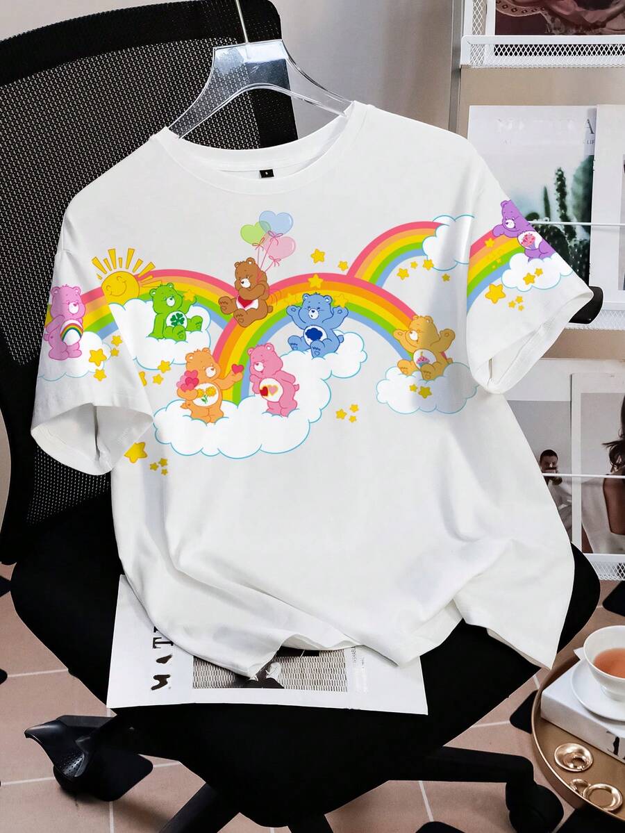 SHEIN X Care Bears 女士卡通印花圆领短袖休闲百搭T恤 - 白色 - 查看 1