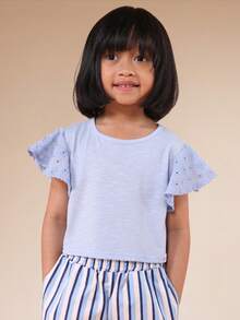 SUMWON 女童刺绣荷叶袖圆领T恤，饰有镂空刺绣短袖，休闲夏季上衣 - 藍色 - 查看 1