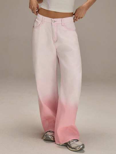 Athîral Damjeans med raka ben och låg midja, tvättade ombre-jeans i casual-modell för casualbruk