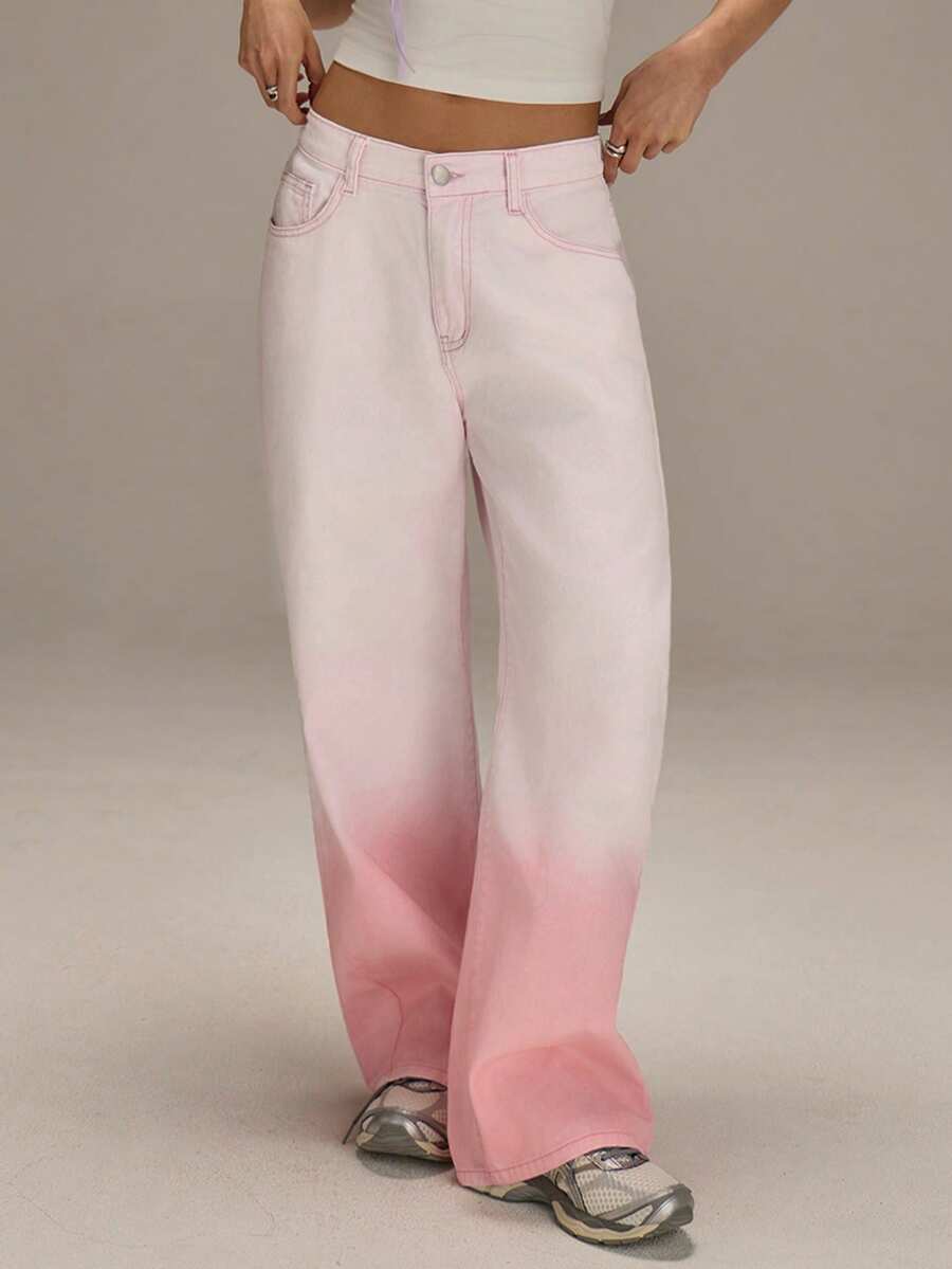 Athîral 女士休闲水洗渐变低腰直筒牛仔裤 - 粉色 - 查看 1