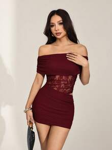 SHEIN PETITE 女士性感优雅露肩腰部镂空透视蕾丝撞色网纱迷你连衣裙 - 酒紅色 - 查看 7