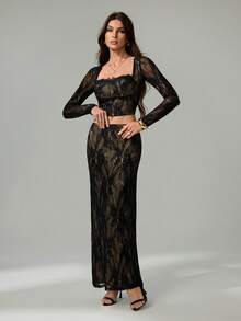 SHEIN Tall Women's New Party Date Evening Sexy Lace Long Sleeve Breast Cup Fishbone Square Neck Tight Black Top And Skirt Prom Dress, Carnival Costume Festival,Elegant Party - Black - View 11