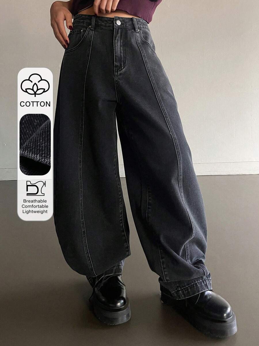 DAZY 女士宽松拼接牛仔喇叭牛仔裤，休闲街头风，春夏Y2K风格 - 灰色 - 查看 1