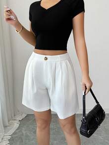 SHEIN PETITE Women's Casual Loose A-Line Bermuda Shorts - White - View 3