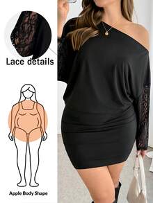 SHEIN Essnce Plus-Size Women's Elegant Sexy 70's Black Autumn Party Night Dress, Casual Off-Shoulder Lace Sleeves Short Curve Dress, High-Elasticity Spring Outfits - Black - View 6