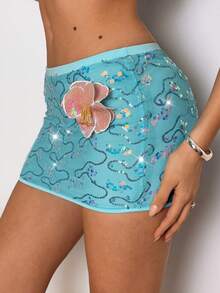 EgrlEra 女士度假性感亮片紧身迷你裙 - 藍色 - 查看 5