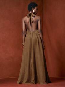 Zivah 2025夏季新款百搭休闲度假邮轮旅行海滩日光浴网红优雅通勤商务休闲露背吊带扭结前襟性感露背宽松A字型真口袋红棕色竹纤维双色拼接长裙女士吊带长裙飘逸连衣裙 - 紅木色 - 查看 8