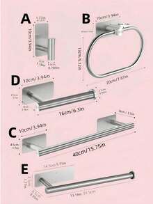5件套不锈钢浴室配件套装，包括毛巾杆、毛巾环、衣钩、卫生纸架，壁挂式 - 銀色 - 查看 6