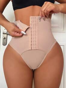 SHEIN 女士塑身連體衣,高腰收腹胖次紗蕾絲塑型短褲 - 杏色 - 查看 3