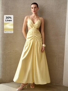 MOTF PREMIUM SUMMER BACKLESS RUCHED CAMISOLE DRESS, FRENCH ELEGANT WAIST-CINCHING SEXY SLIMMING LONG DRESS FOR WOMEN - Yellow - View 5