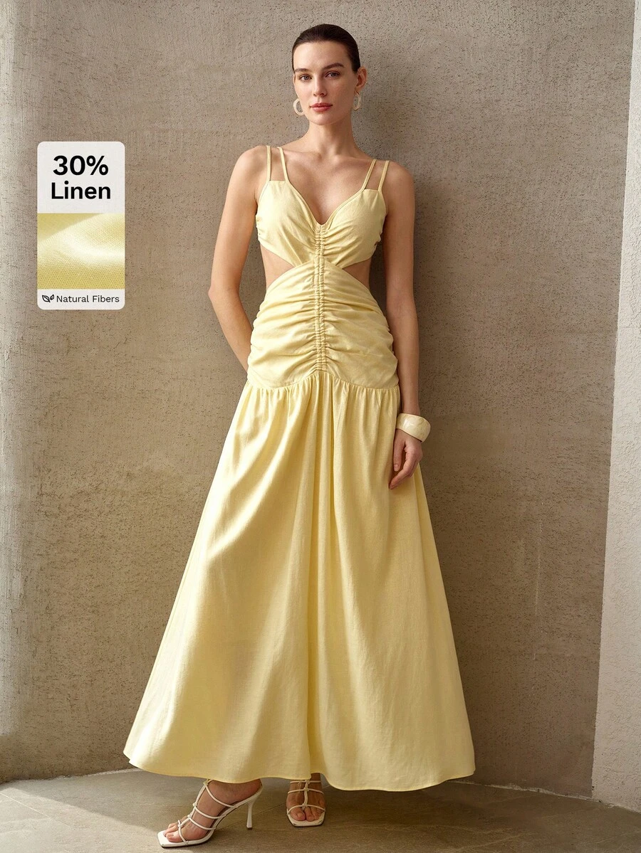 MOTF PREMIUM SUMMER BACKLESS RUCHED CAMISOLE DRESS, FRENCH ELEGANT WAIST-CINCHING SEXY SLIMMING LONG DRESS FOR WOMEN - Yellow - View 1