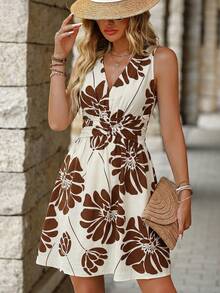 EMERY ROSE 女士轻盈优雅简约高端休闲波西米亚风度假/通勤复古风无袖褶皱腰部荷叶边下摆纯色印花迷你连衣裙，春夏款 - 杏色 - 查看 3