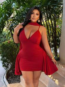NU&NOW Women's Plus Size Deep V Red Spaghetti Strap Slip Dress,A-Line Cinched Waist Satin Summer Vacation Holiday Party Outfit,Red,Summer,Girlism,Satin - Burgundy - View 4