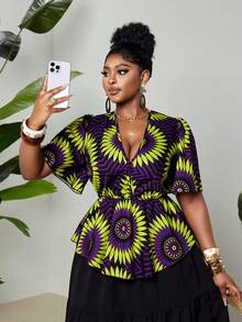 Maweii Purple Autumn Boho Plus Size Plus Size Women Summer Vacation Beach Seaside Wear, Asymmetric Floral Contrast V-Neck, Puffed Sleeves, Elastic Waist Shirt - Multicolor - View 6
